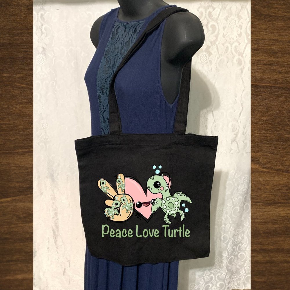 Peace Love Turtle Double Strap Shoulder Cotton Canvas Tote Bag